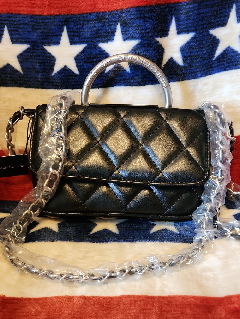 Quilted Crossbody Bag with Silver Ring Handle